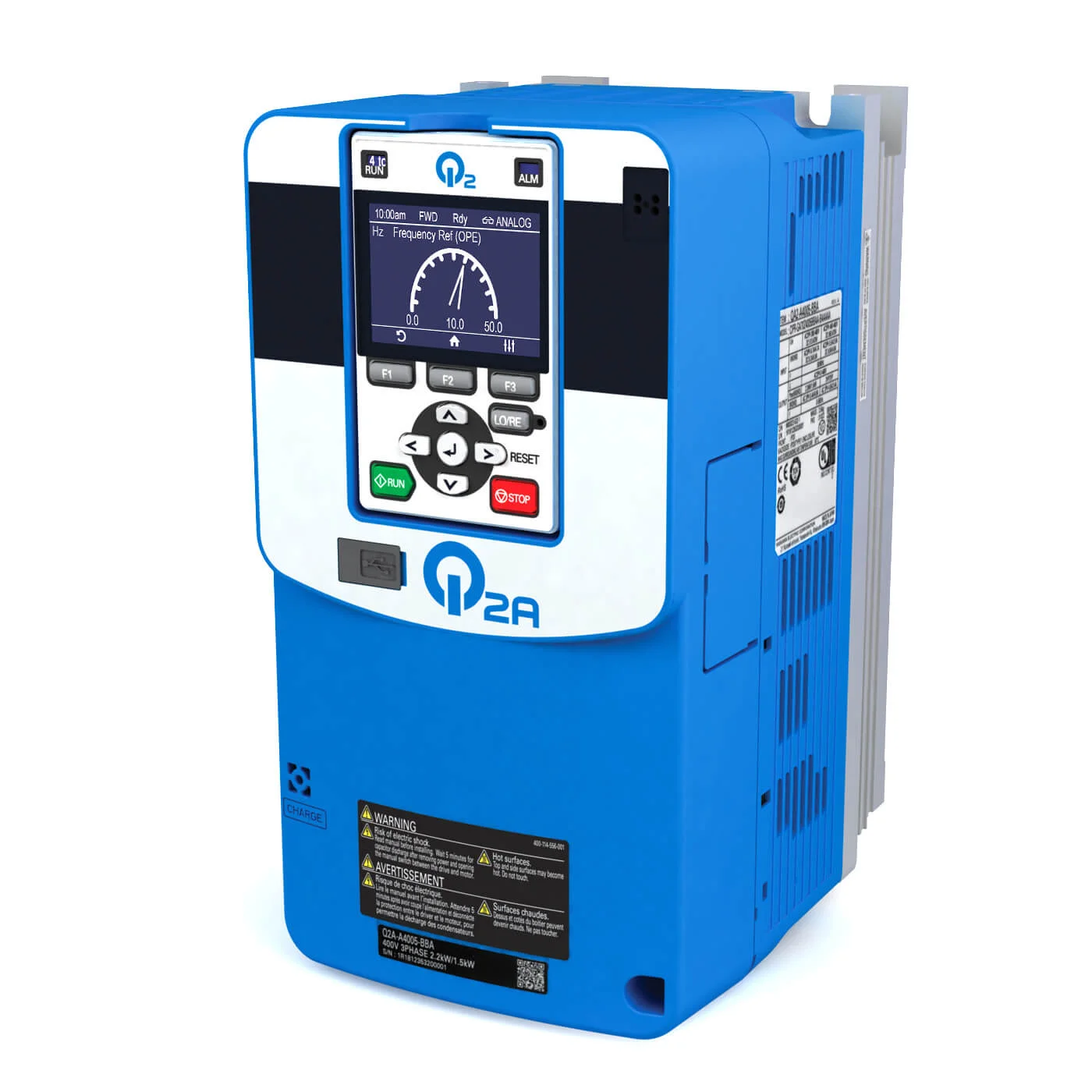 Umrichter Q2A, 400 V, ND: 44 A / 22 kW, HD: 39 A / 18,5 kW, IP20, max. Ausgangsfrequenz 590 Hz
