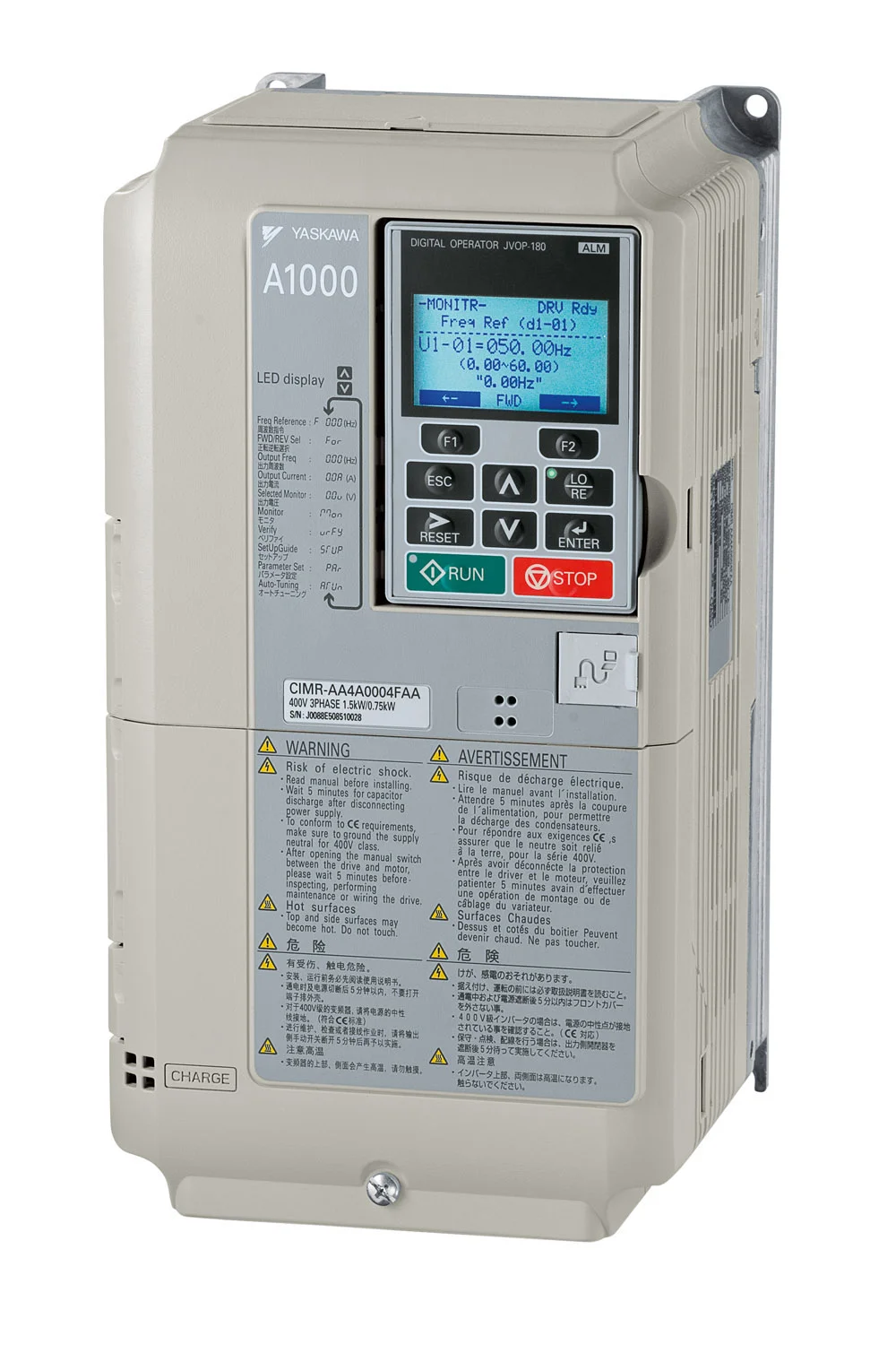 Frequenzumrichter A1000: 3~ 400 V, HD: 18,5 kW 39 A, ND: 22 kW 44 A, max. Ausgangsfrequenz. 400 Hz